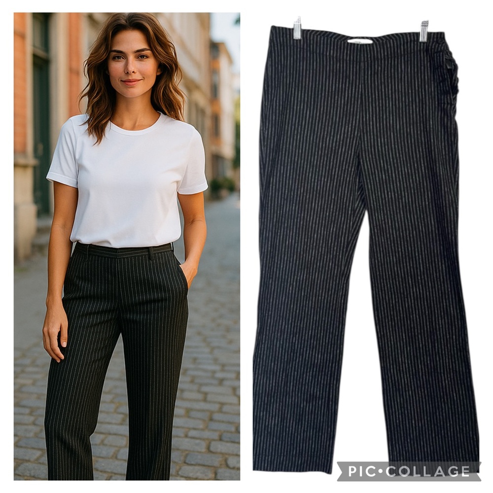 Sundance Linen Blend Black‎ Stripe Straight Leg Pants Sz 8 Office Classic Travel